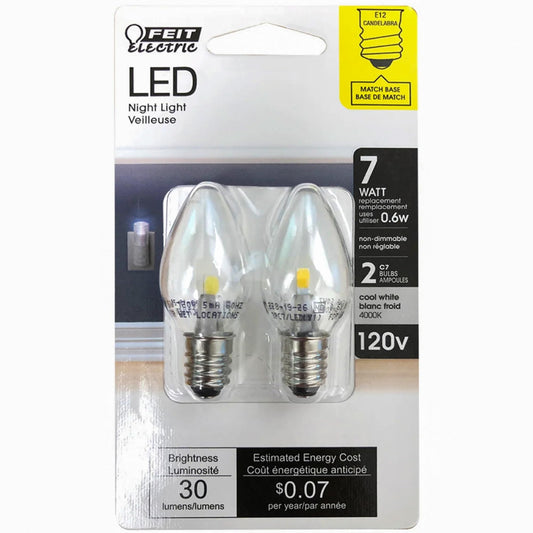 Feit Electric C7 LED Night Light Bulb BPC7/LED - 0.6W 7W Eq., E12, 4000K Cool White - 2 Pack