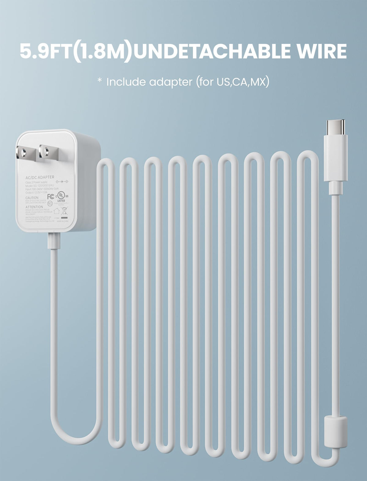 Shinebella 12V AC/DC Power Adapter Plug, 12W/1A USB Type C End Power Supply,Compatible for 8’’,8.5’’,10’’ Wall Fans, 1.8 m/5.92 ft Cable