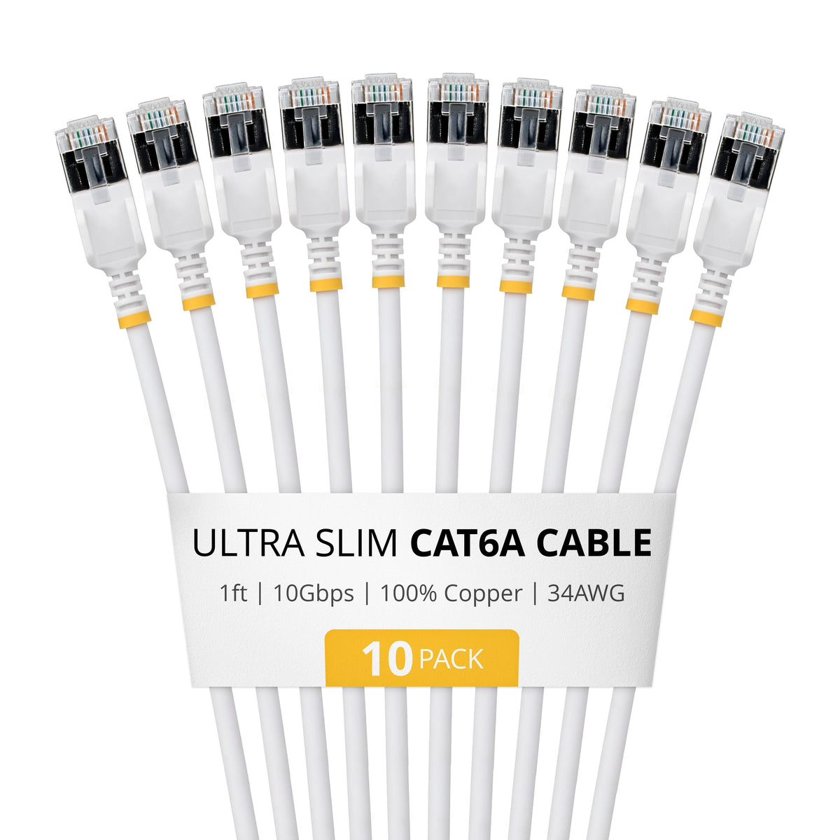 StarTech 1ft White Ultra Slim Cat6A Ethernet Cable, 10 Pack, Snagless, FTP, Pure Bare Copper Wire, 34AWG Ultra Slim RJ45 Network Patch Cord