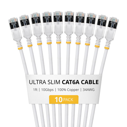StarTech 1ft White Ultra Slim Cat6A Ethernet Cable, 10 Pack, Snagless, FTP, Pure Bare Copper Wire, 34AWG Ultra Slim RJ45 Network Patch Cord