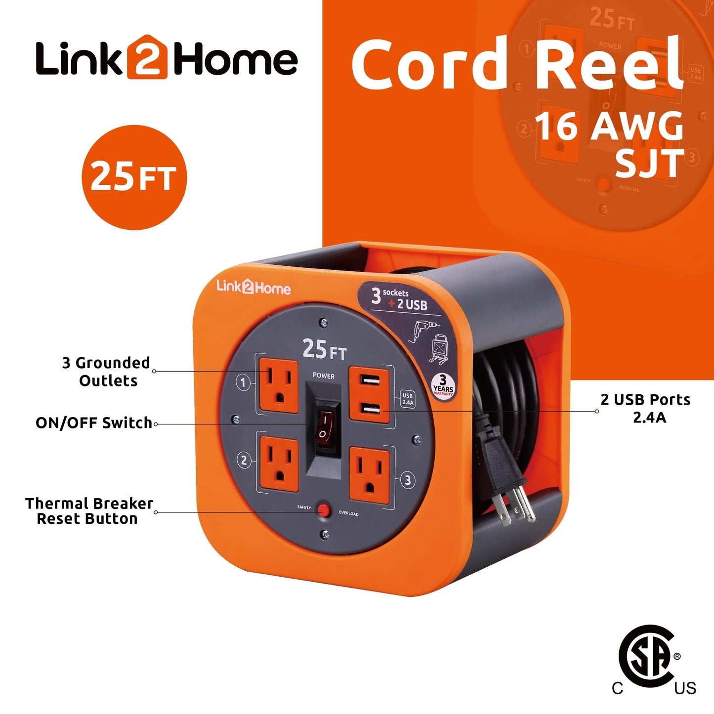 Link2Home Cord Reel 25 ft. Extension Cord 4 Power Outlets, 2 USB Ports, 2.4A Fast Charge - 16 AWG SJT Cable.