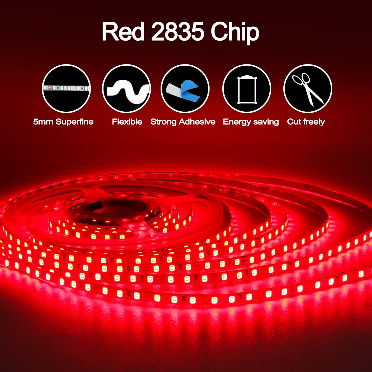 Tesfish 12V LED Strip Lights, 5mm Wide Ultra Narrow Red 16.4ft SMD 2835 IP20 120 LEDs/M, Total 600 LEDs Rope Light Strip for Bedroom, Kitchen