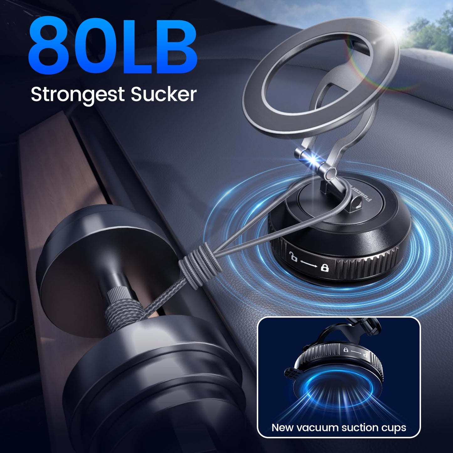 Tri-Folding Car Phone Holder for Magsafe[80+LBs Strongest Suction & 2850gf Strongest Magnetic], 360°Adjustable Phone Holders for Car, Suction Cup