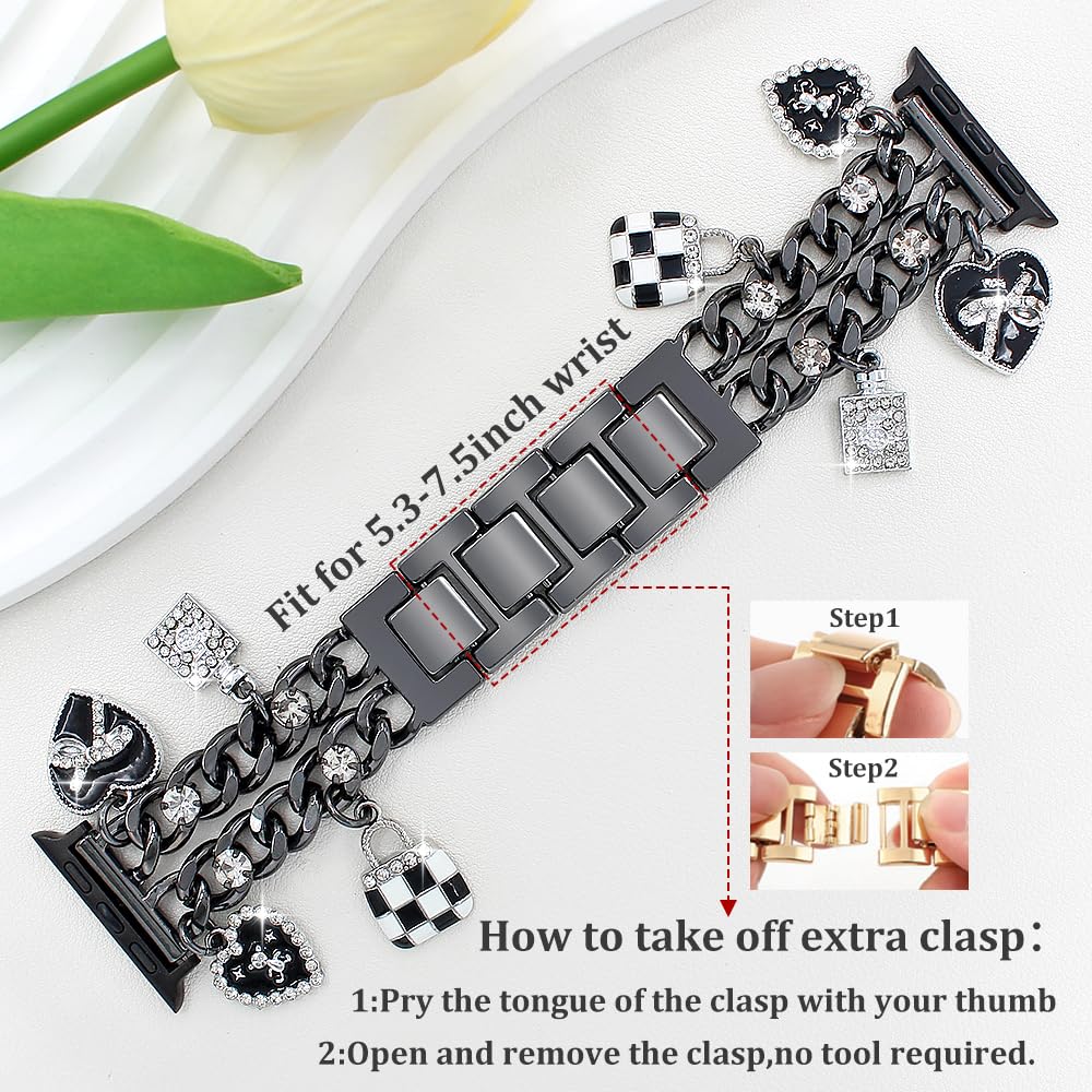 YONWORTH Cuban Chain Band Compatible with Apple Watch Bands 38/40/41mm Women,Bling Diamond Chain Dressy Metal Wristband Cute Charms Pendants