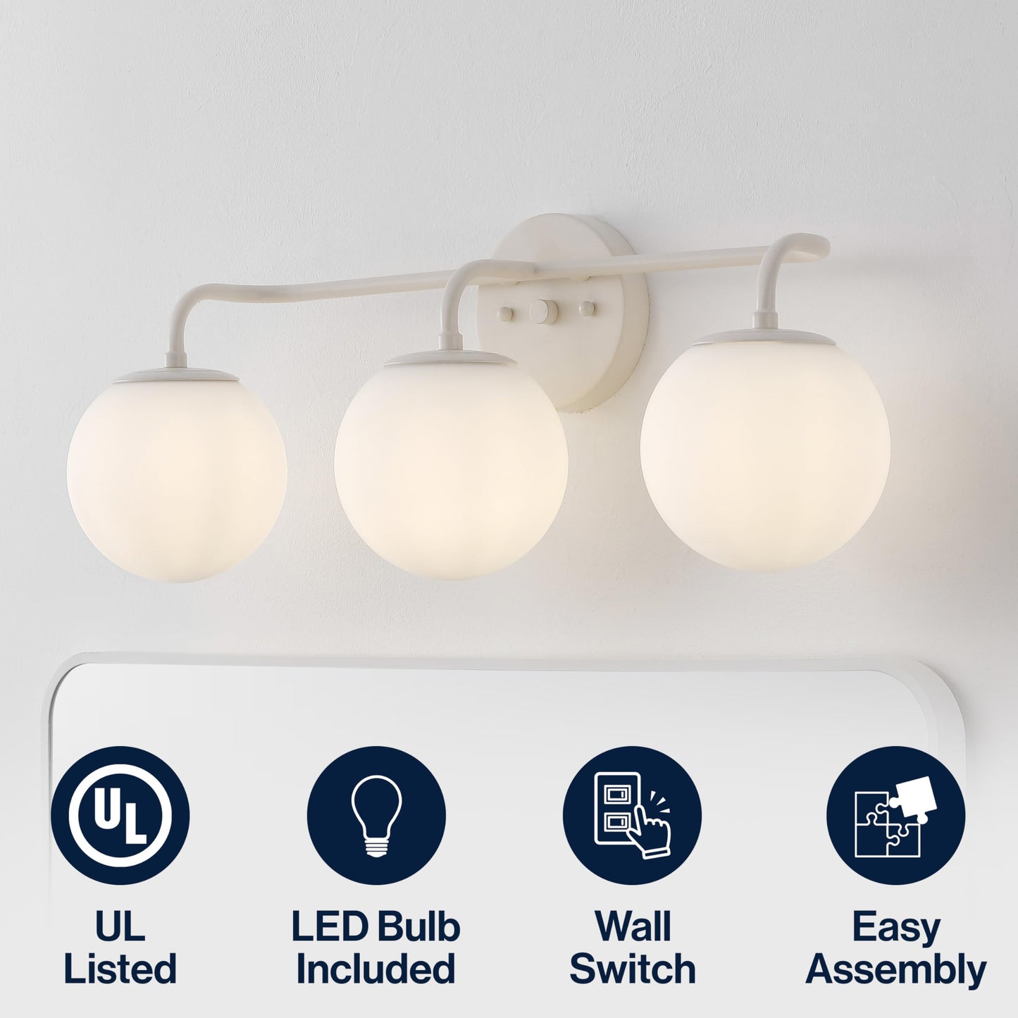 JONATHAN Y 25" Almond Modern Globe Wall Sconce Vanity Light for Bathroom, White Frosted Glass Shade, Midcentury Parisian Bistro Wall Lamp, LED Bulb