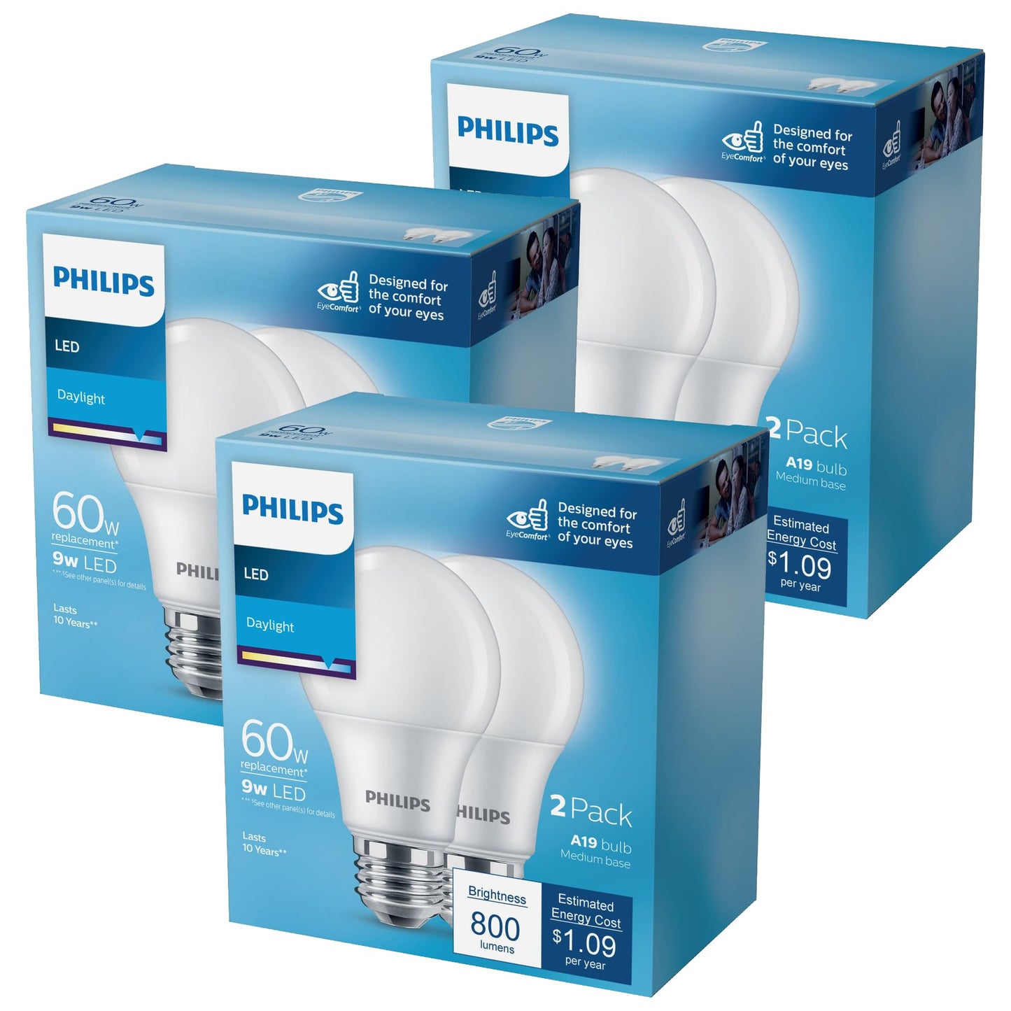 PHILIPS LED Frosted Non-Dimmable A19 Light Bulb - Pack of 6 - EyeComfort Flicker Free - 9W = 60W - 800 Lumen - Daylight (5000K) - E26 Base - Indoor
