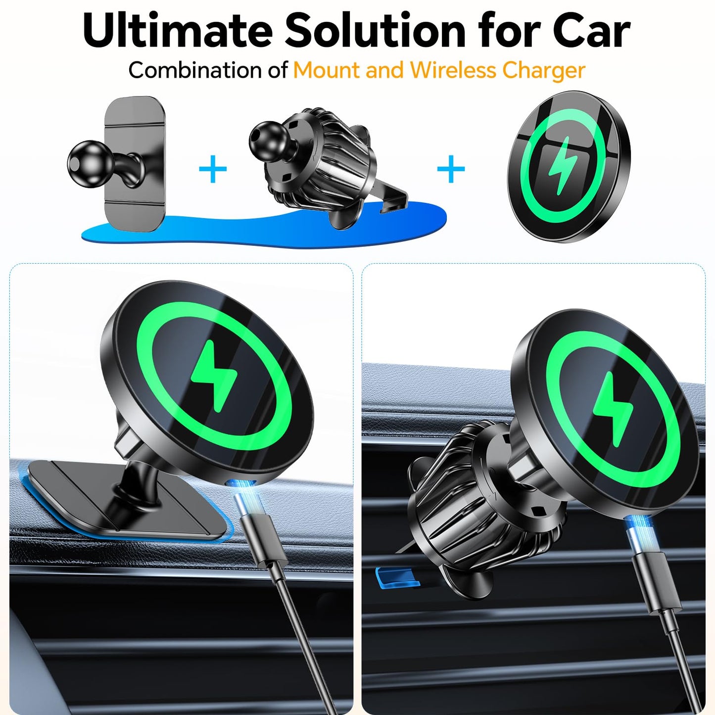 Coolpow for Magsafe Car Mount Charger?100% Stable?15W Magsafe Car Charger Magnetic Phone Holders for Your Car Accessories for Women Men Car Phone