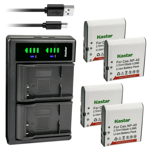 Kastar 4-Pack NP-40 Battery and LTD2 USB Charger Replacement for Minolta MN4K100Z 4K Ultra HD, Minolta MN4K30NV 4K Ultra HD / 30 MP, Minolta MN100HDZ