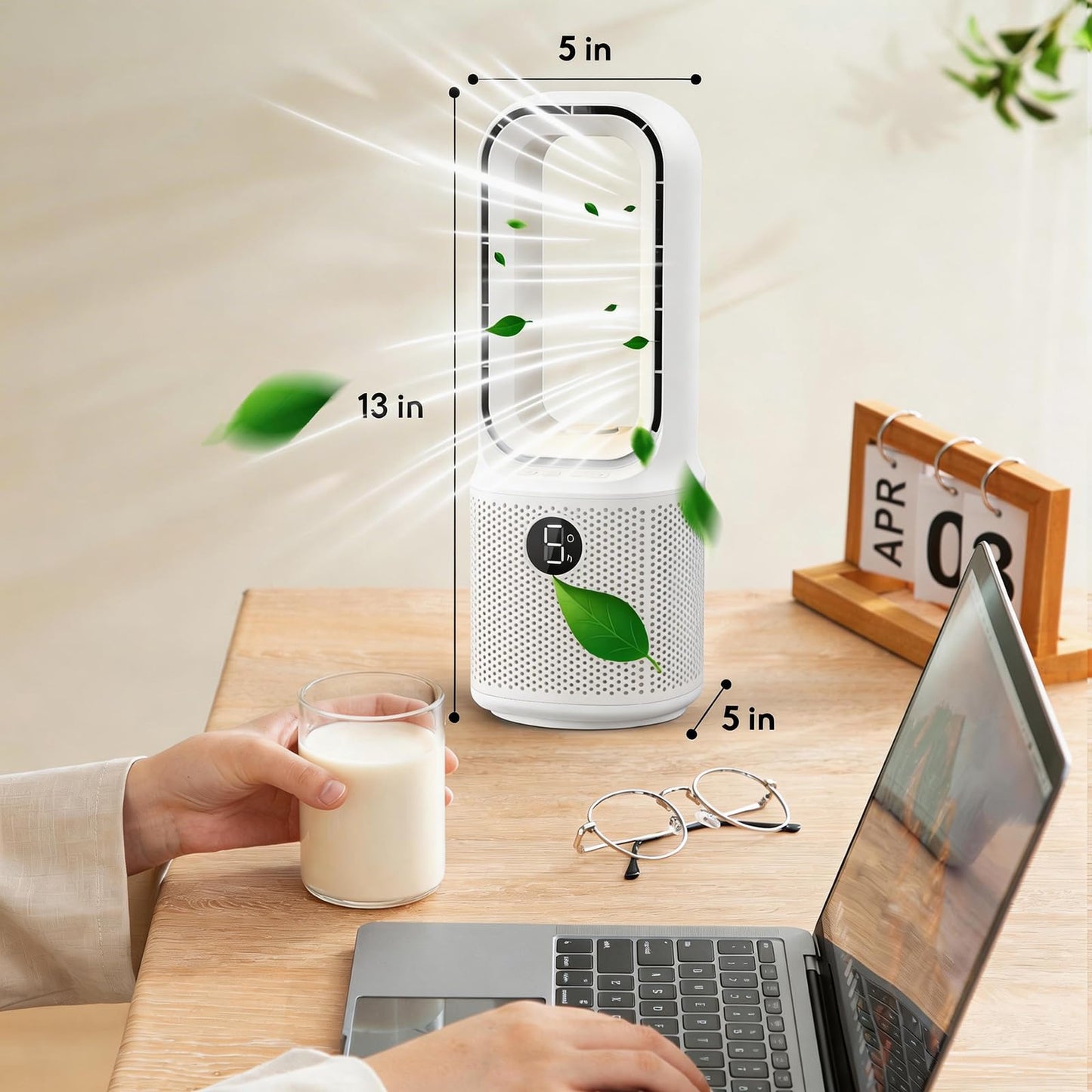 Misby 13 Inch Desk Fan, Bladeless Table Fan with Night Light, 5 Speeds, 70° Oscillating Fan and Timer, Small Quiet Desktop Fan for Nightstand