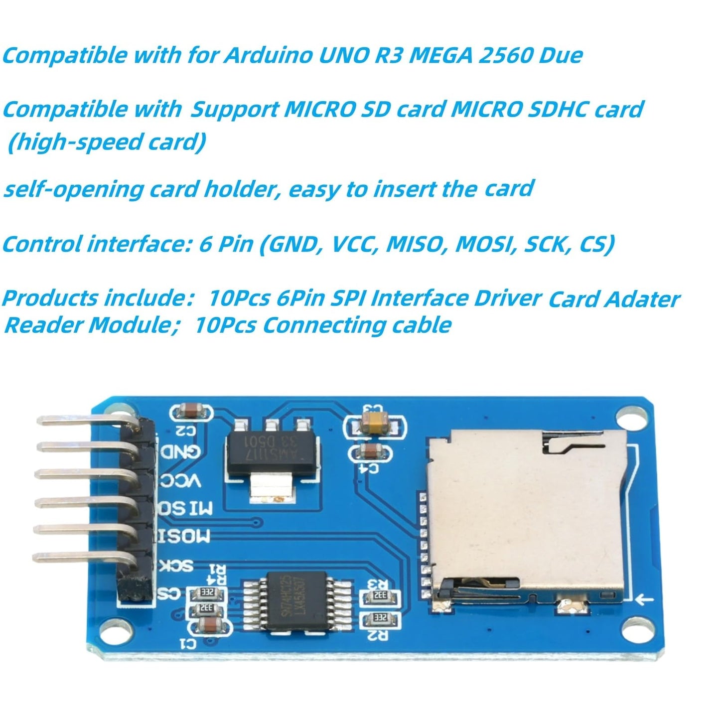 MTDELE 10Pcs Expansion Module Compatible with Micro SD and TF Card, 6 Pin SPI Interface Supports Micro SD and SDHC Card Compatible with for Arduino
