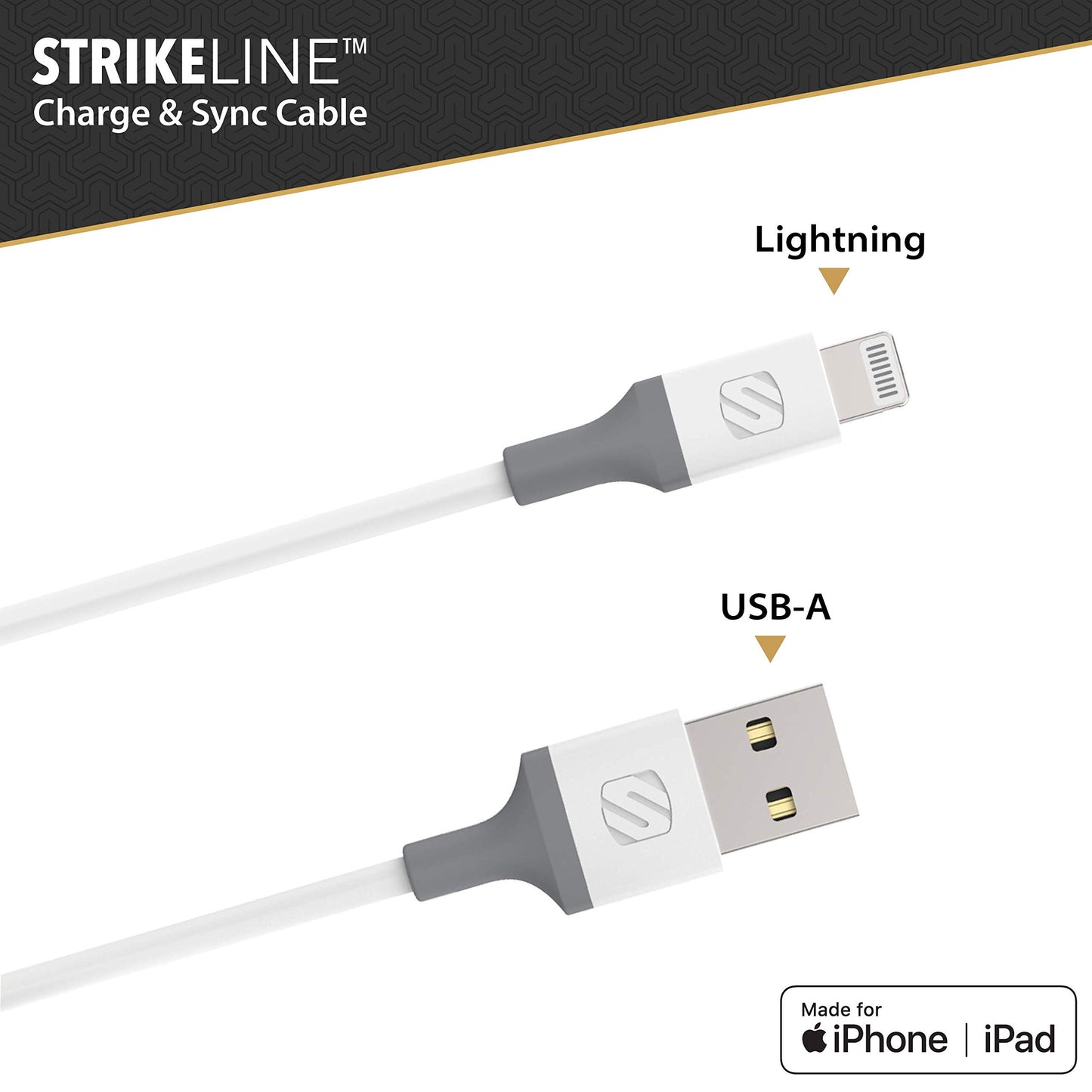 Scosche i34WG-SP Strikeline USB-A to MFI Certified Sync Charging Cable for Lightning Devices, 4 Feet, White/Gray