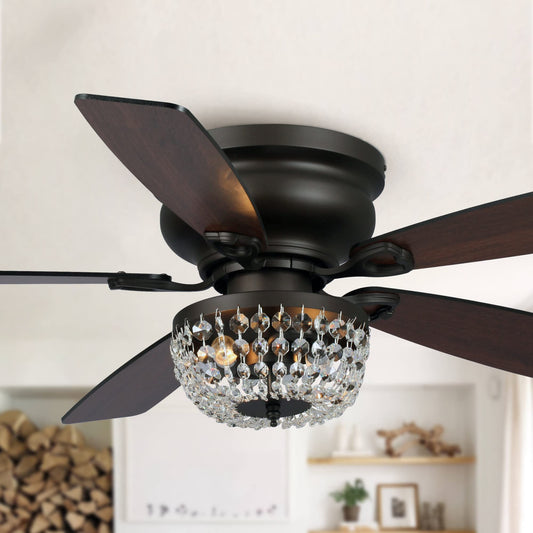 Vaczon 48 Inch Low Profile Ceiling Fan with Light: Farmhouse Caged Fandelier, Crystal Flush Mount Ceiling Fan with Remote, Indoor/Outdoor Use