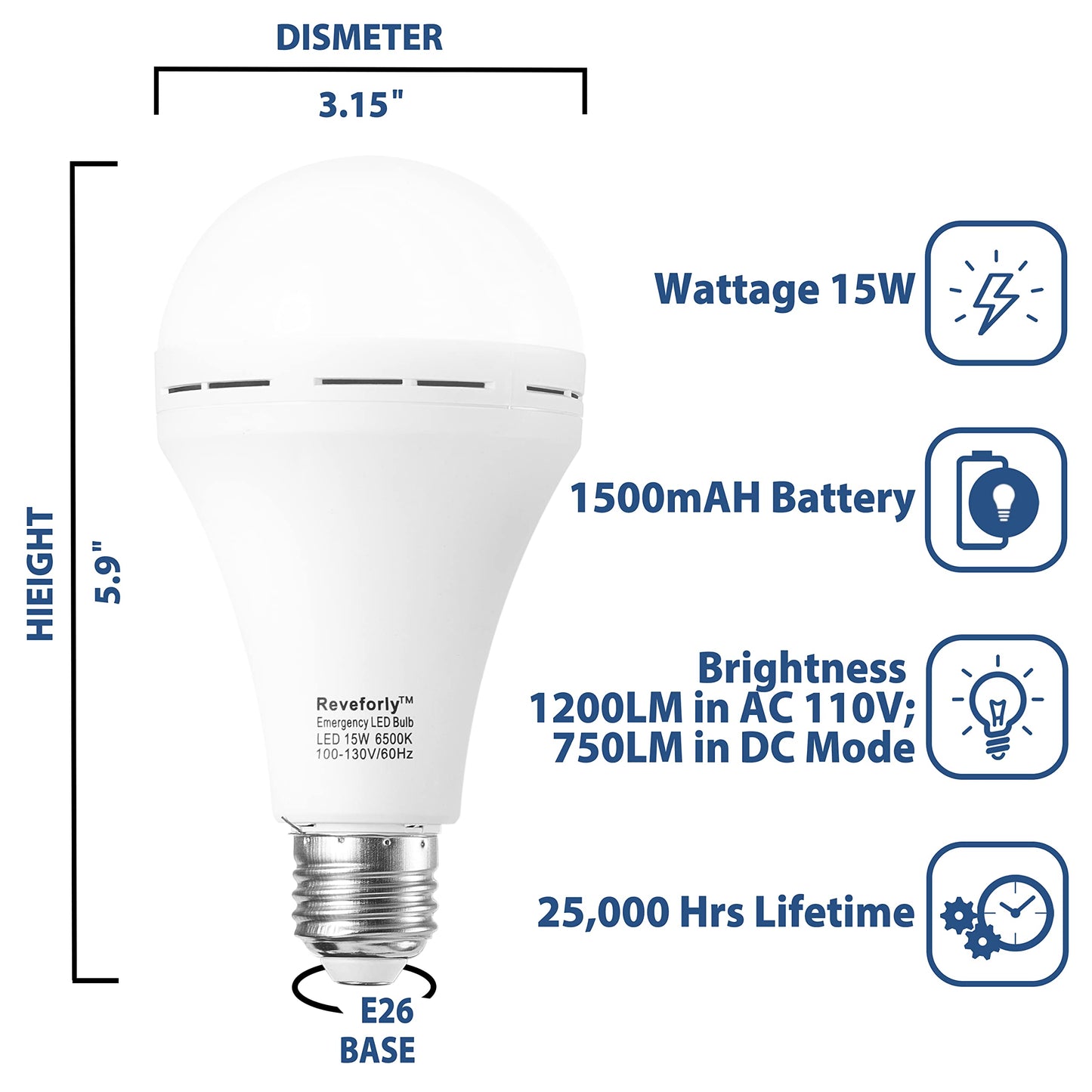 Rechargeable Emergency Light Bulb for Power Outage 6500K Daylight White