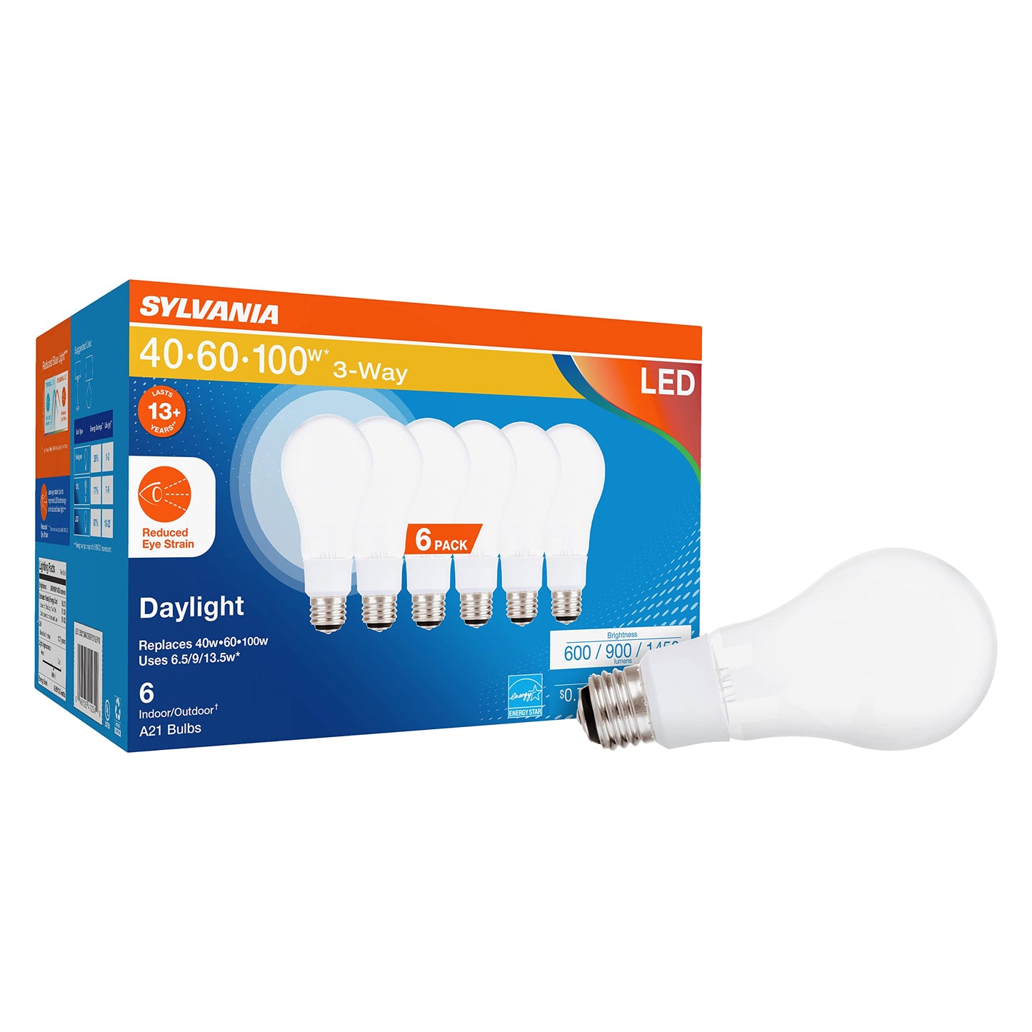 Sylvania Reduced Eye Strain A21 LED Light Bulb, 3-Way 40W / 60W / 100W, 13 Year, Dimmable, Frosted, 5000K, Daylight - 6 Pack (41234)