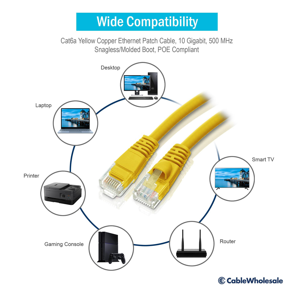 CableWholesale Cat6a UTP Ethernet Cable, 10 Gigabit, 500MHz, 35 ft, Yellow