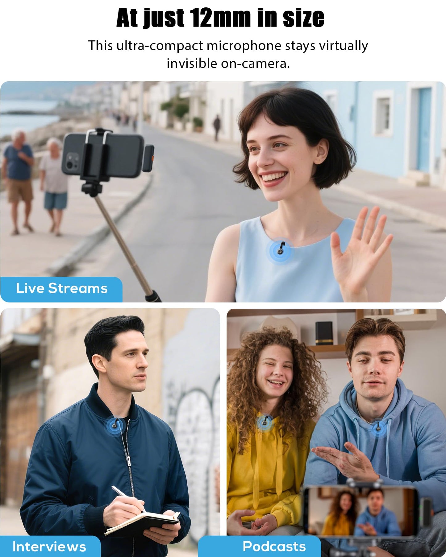 Wireless Lavalier Microphone for iPhone, iPad, Android - USB-C Plug Noise Cancelling Lapel Mini Mic with Charging Case, 30H Battery - Compact Clip-on