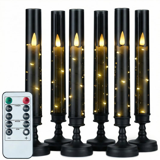 Prerish 6PCS Flameless Candles with Timer, Flickering Fake Electric LED Candles for Romantic Ambiance, Battery Operated Candles, Centerpiece Table