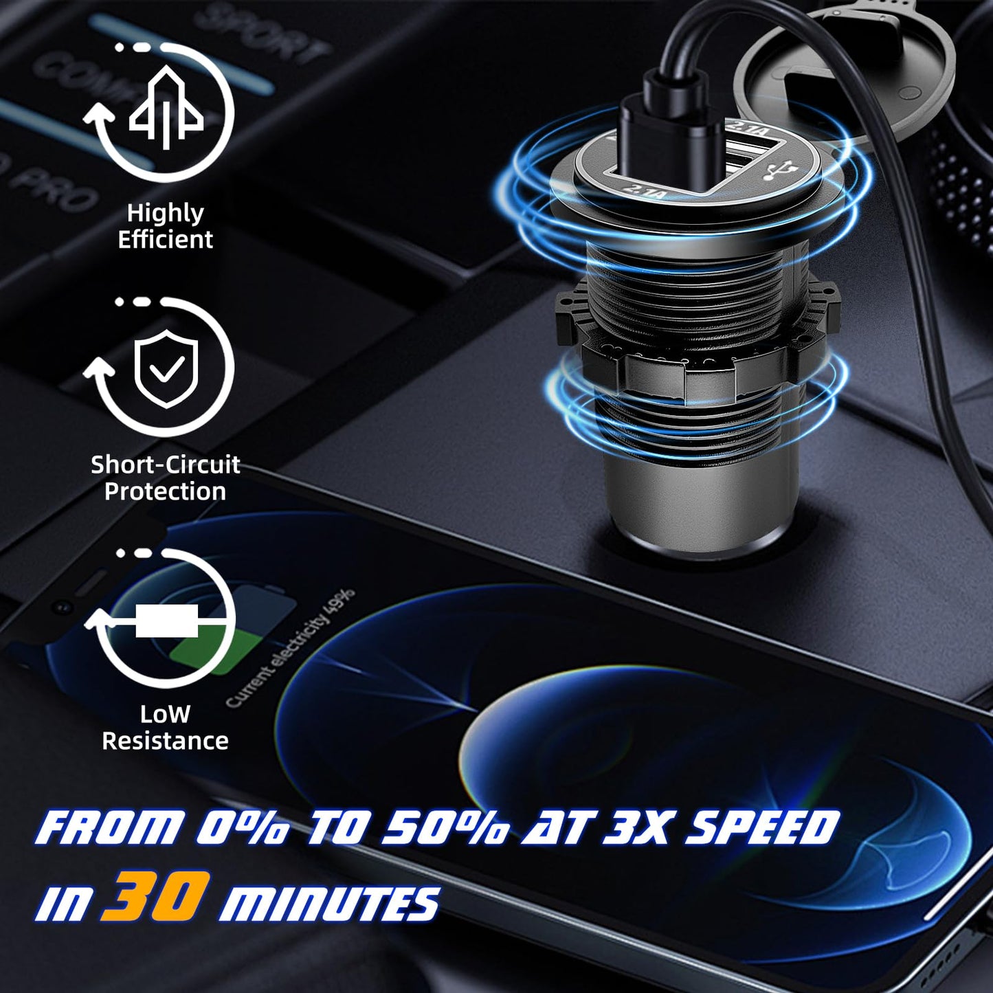 12V USB Outlet Wire USB Charger, 3 Port 12V/24V Charger Socket for Cars, Boats, RVs, Trucks, Golf Carts, and Motorcycles and More (Pack of one)