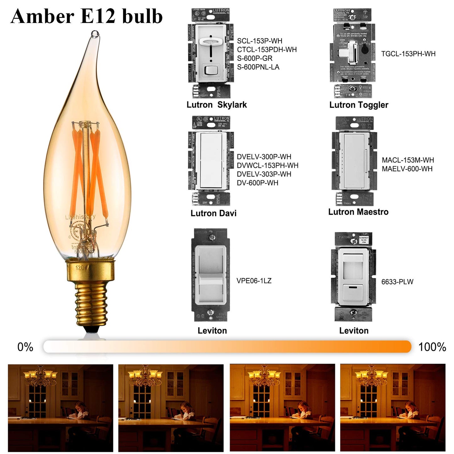 LiteHistory CA10 E12 Candelabra Bulb 40 watt,Amber Light Bulbs,2200K,6Pack