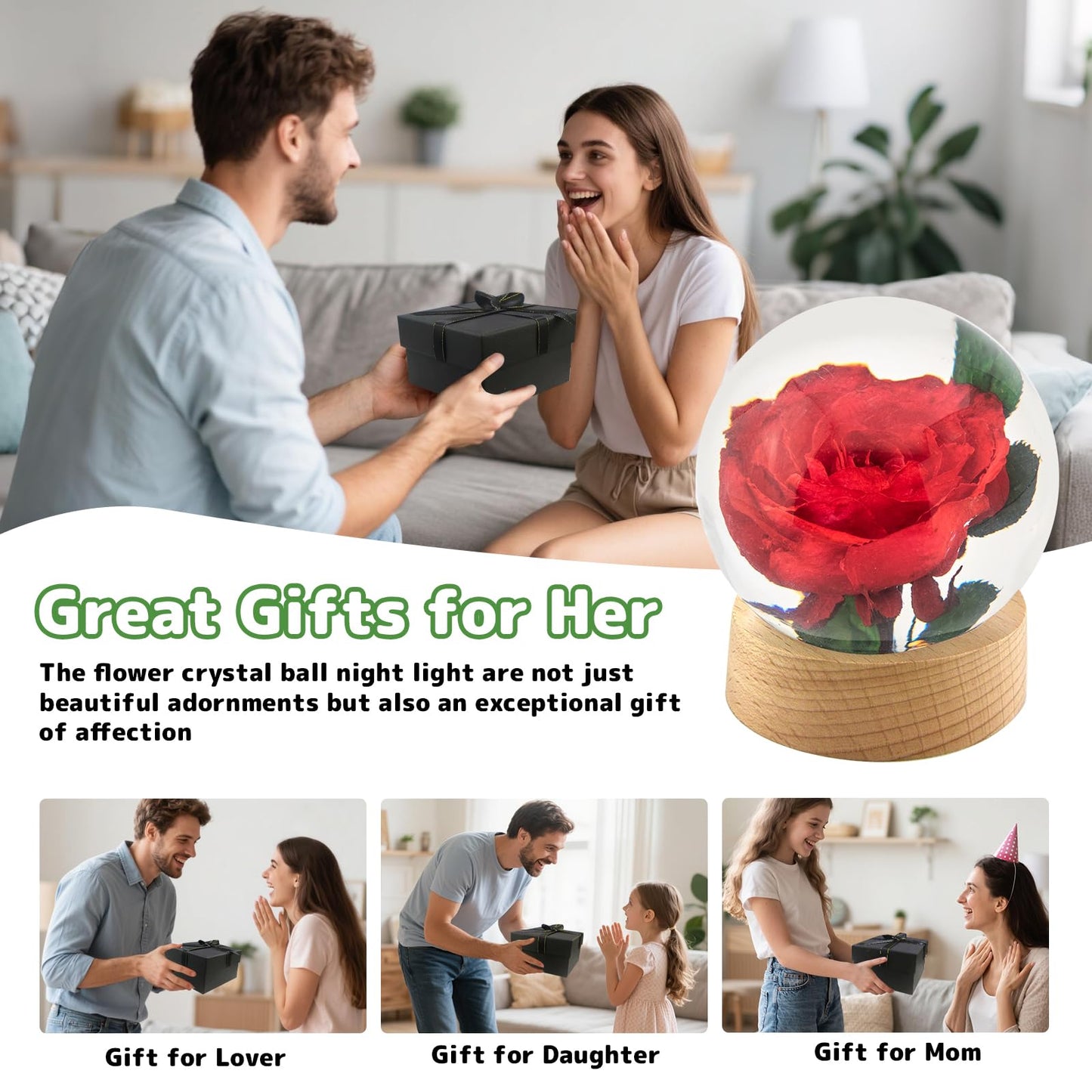 QNCMBUG Blue Rose Crystal Ball Night Light - Real Rose Encased in Glowing Resin Ball, USB-Powered Desk Lamp with Wood Base, Unique Gift
