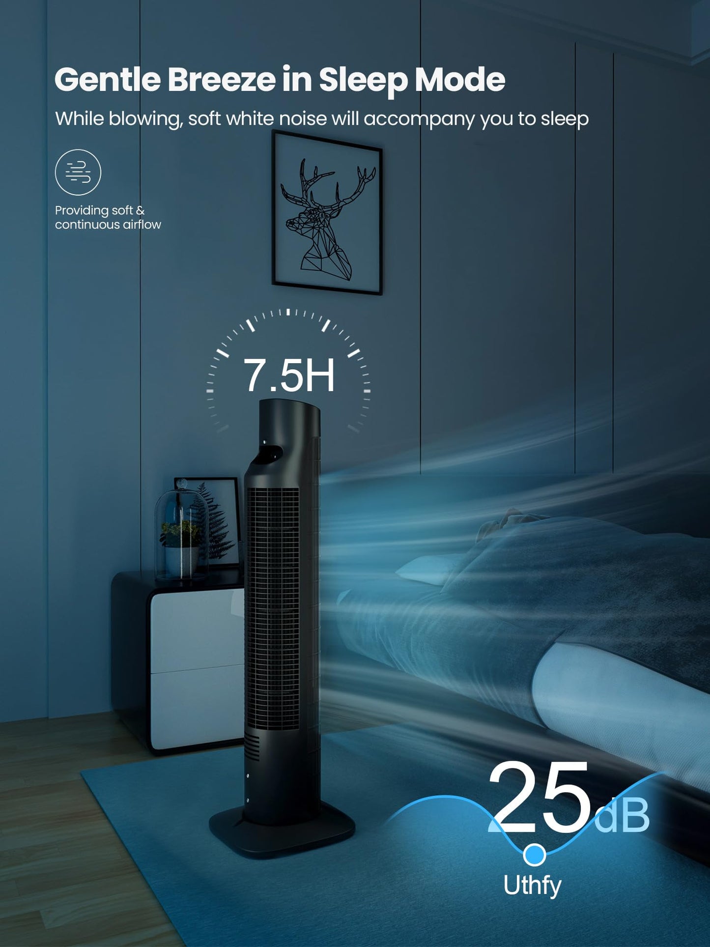 Uthfy Tower Fan with Remote, Portable 120° Oscillating Standing Fan, 3 Speeds & 3 Modes, 7.5H Timer, Fans That Blow Cold Air for Bedroom, Living Room