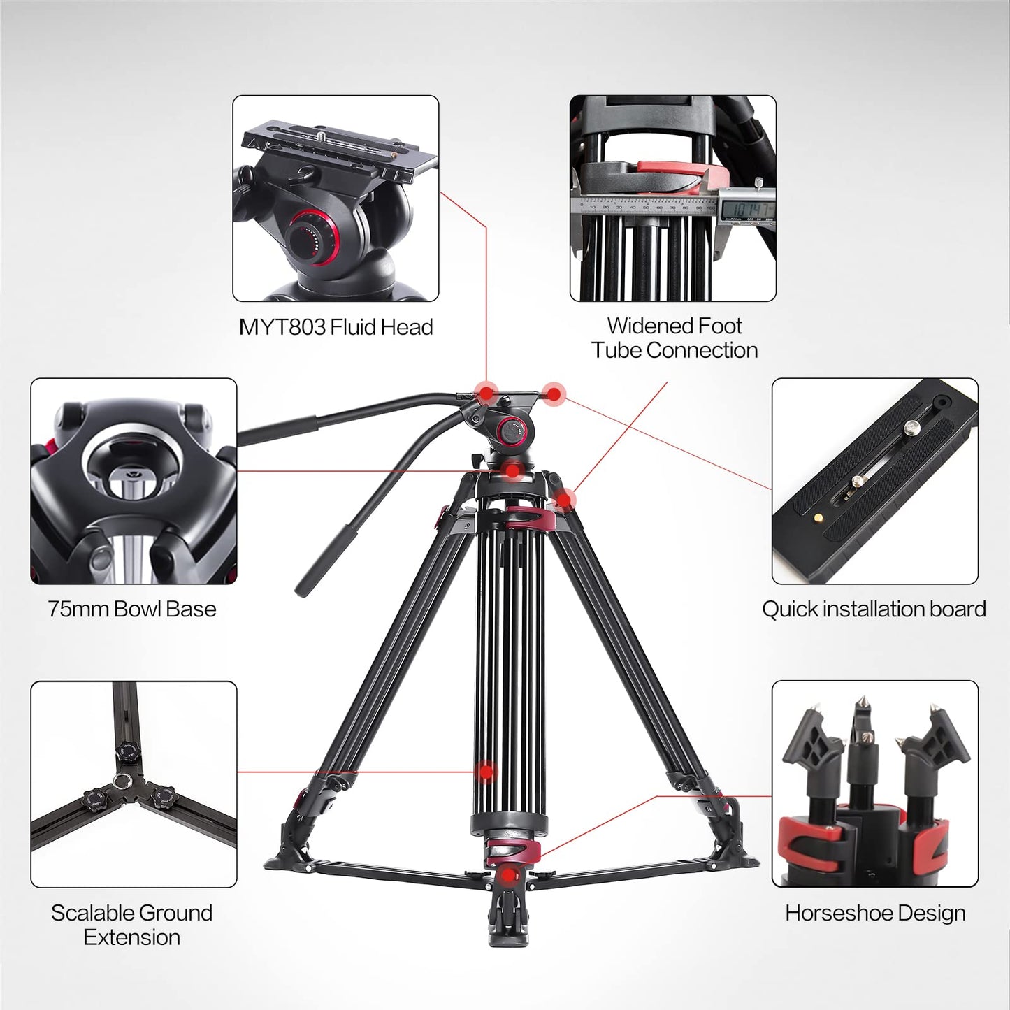 miliboo Heavy Duty Tripod Professional Video Tripod for Camera Fluid Head Tripods Stand with Ground Spreader, Capacity 33 lbs, Height 18.5-65.8