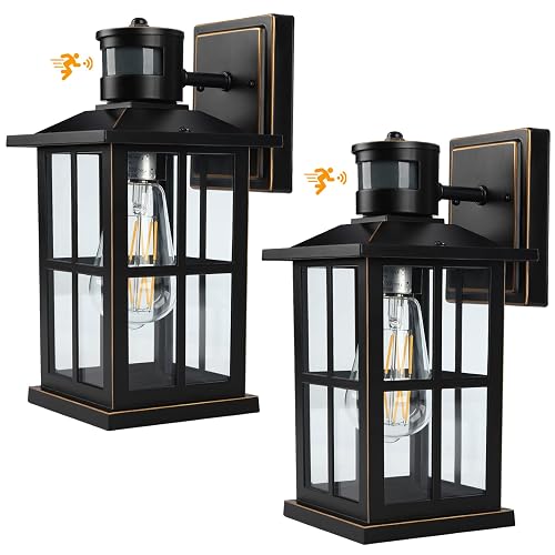 EIKESN 2 Pack Outdoor Motion Sensor Porch Light, Black Exterior Wall Lantern Lighting Fixtures,Dusk to Dawn Outdoor Wall Lights, Waterproof Front