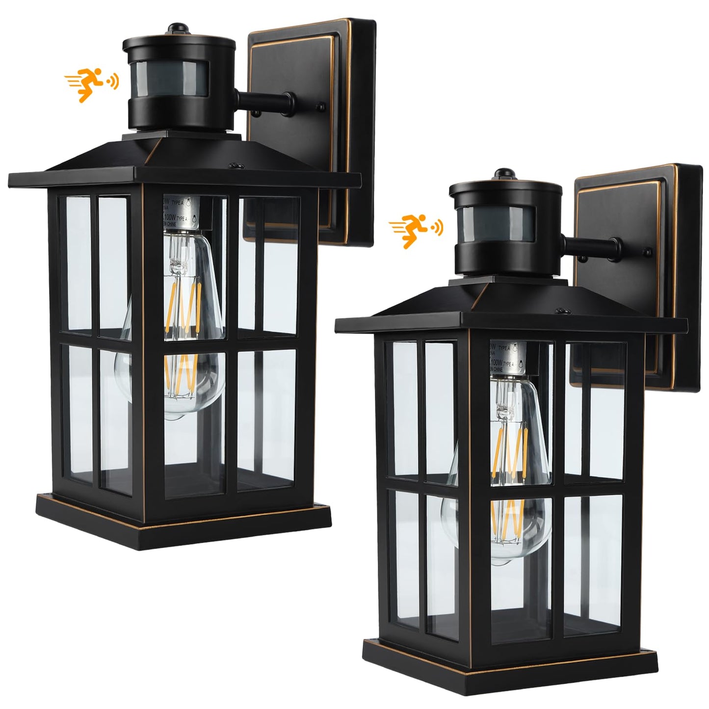 EIKESN 2 Pack Outdoor Motion Sensor Porch Light, Black Exterior Wall Lantern Lighting Fixtures,Dusk to Dawn Outdoor Wall Lights, Waterproof Front