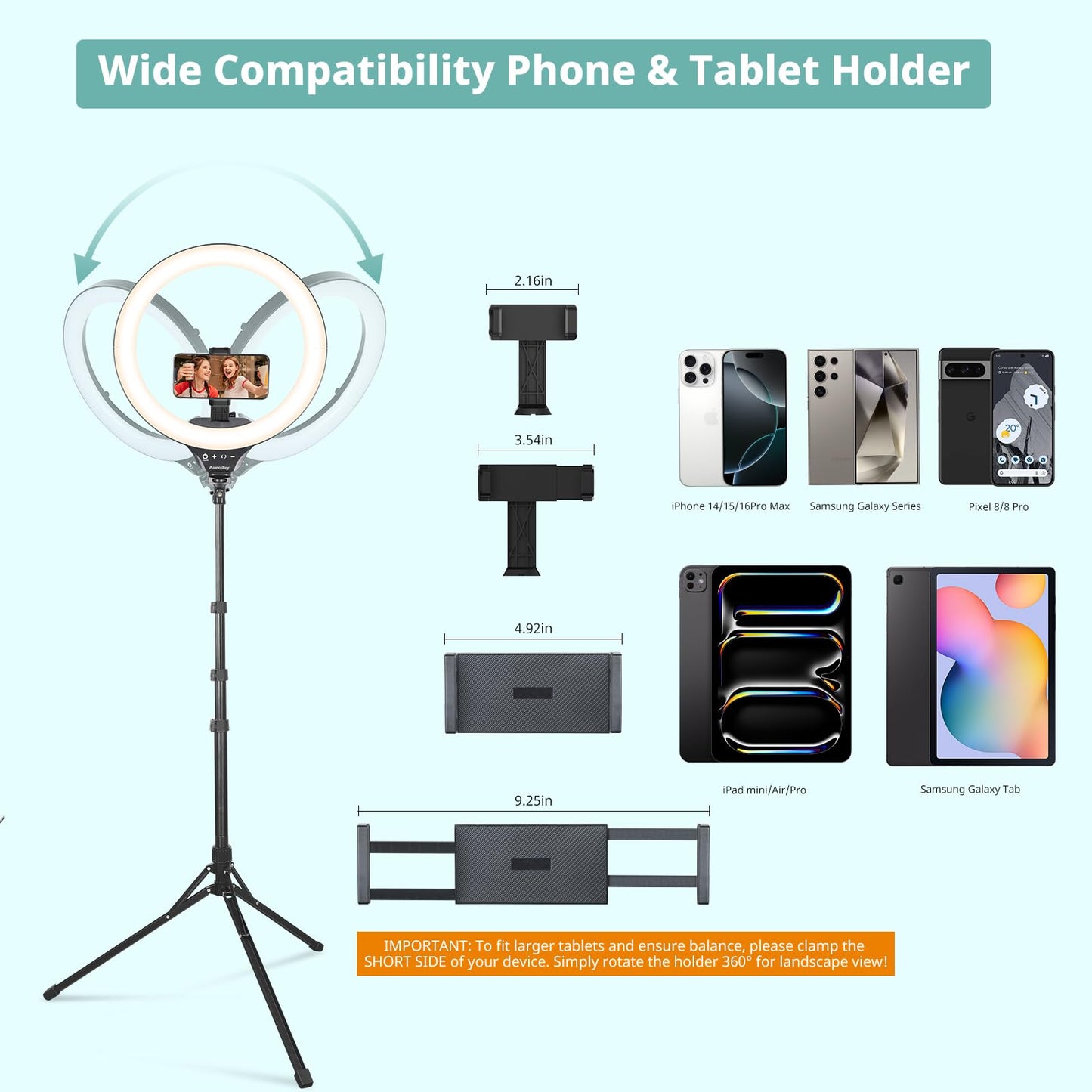 Aureday 14inch iPad Ring Light with Tripod Stand, 62inch Selfie Tripod Light Ring with Phone&Tablet Holder for Recording, 20W LED Circle Light