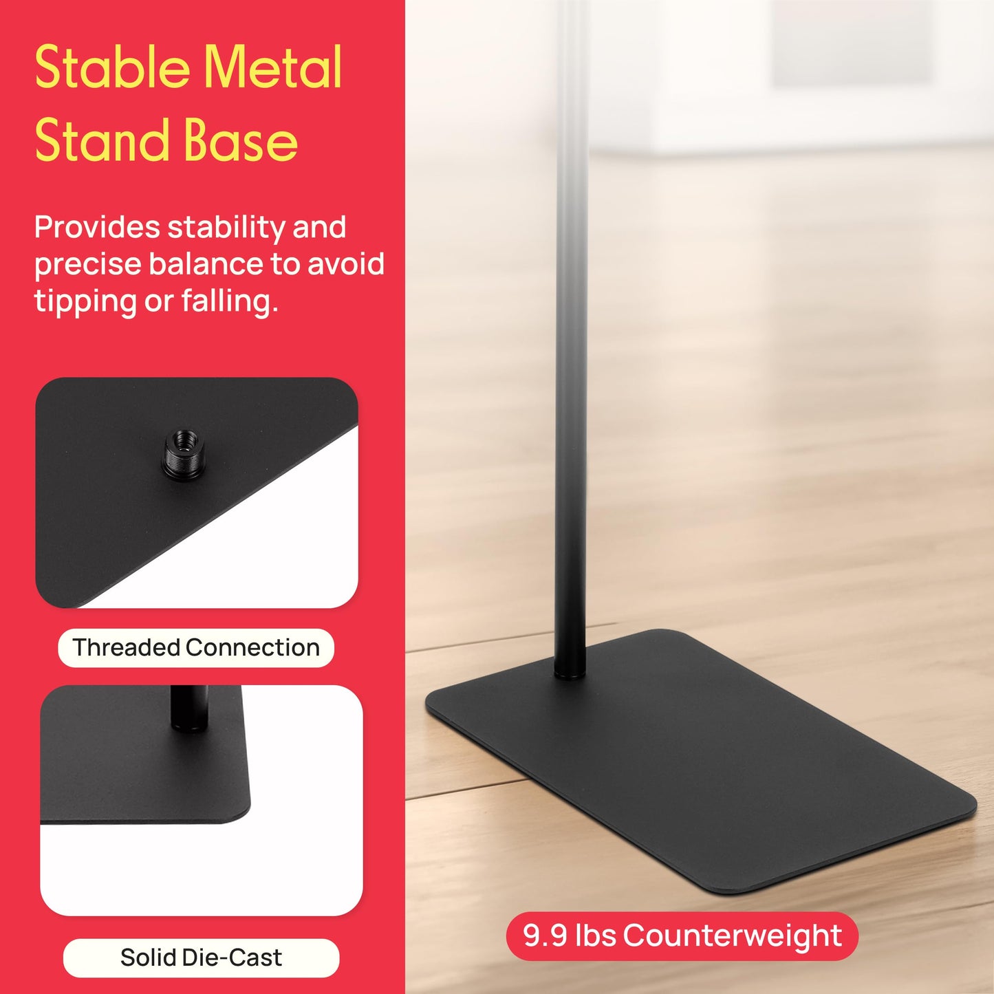 Pyle Square Base Microphone Stand with Mic Clip - Heavy Duty, Height Adjustable, 36.2" to 63.38'', Solid Die-Cast Base, Studio & Concert Use