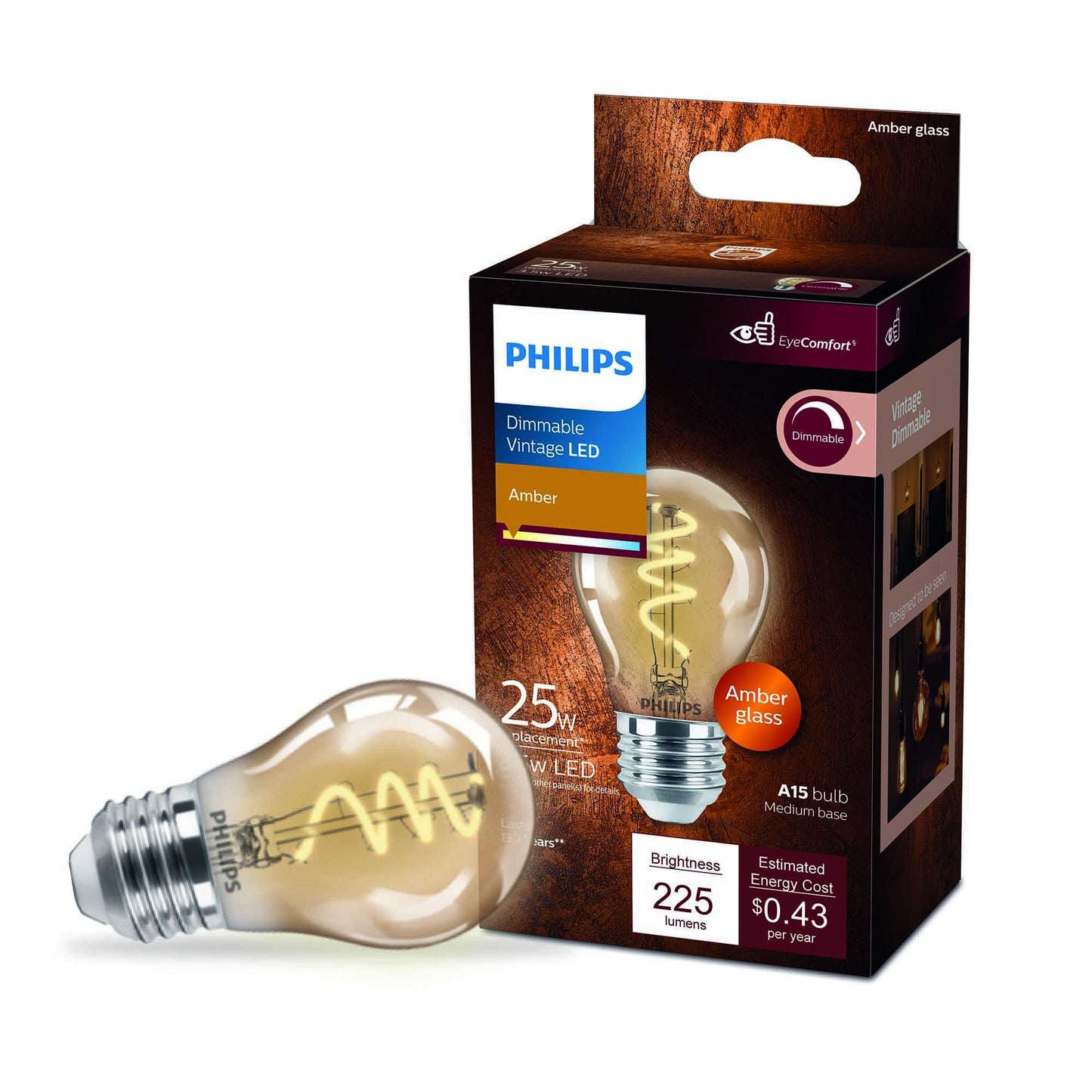 Philips 25-Watt Equivalent A15 Spiral Filament Dimmable E26 Vintage Edison LED Light Bulb EyeComfort 2000K Amber (1-Pack) 565655