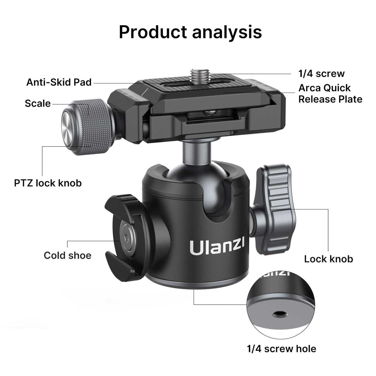 ULANZI U-80L Metal Ball Head Camera Mount Arca Swiss 360 Rotating with Quick Release Plate & Cold Shoe, 22lbs/10kg Load for 1/4" Tripod, Monopod, DSLR