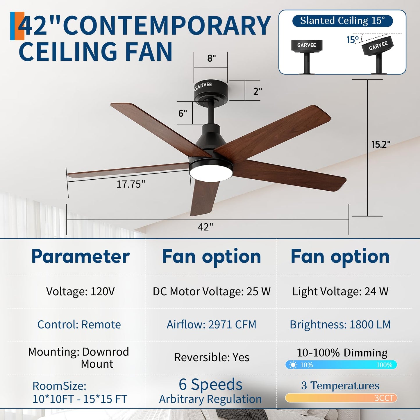 GarveeHome 42 Inch Ceiling Fans with Lights and Remote, 6 Speed Reversible Quiet DC Motor, 3CCT Dimmable LED, Black Ceiling Fans with Dual Finish