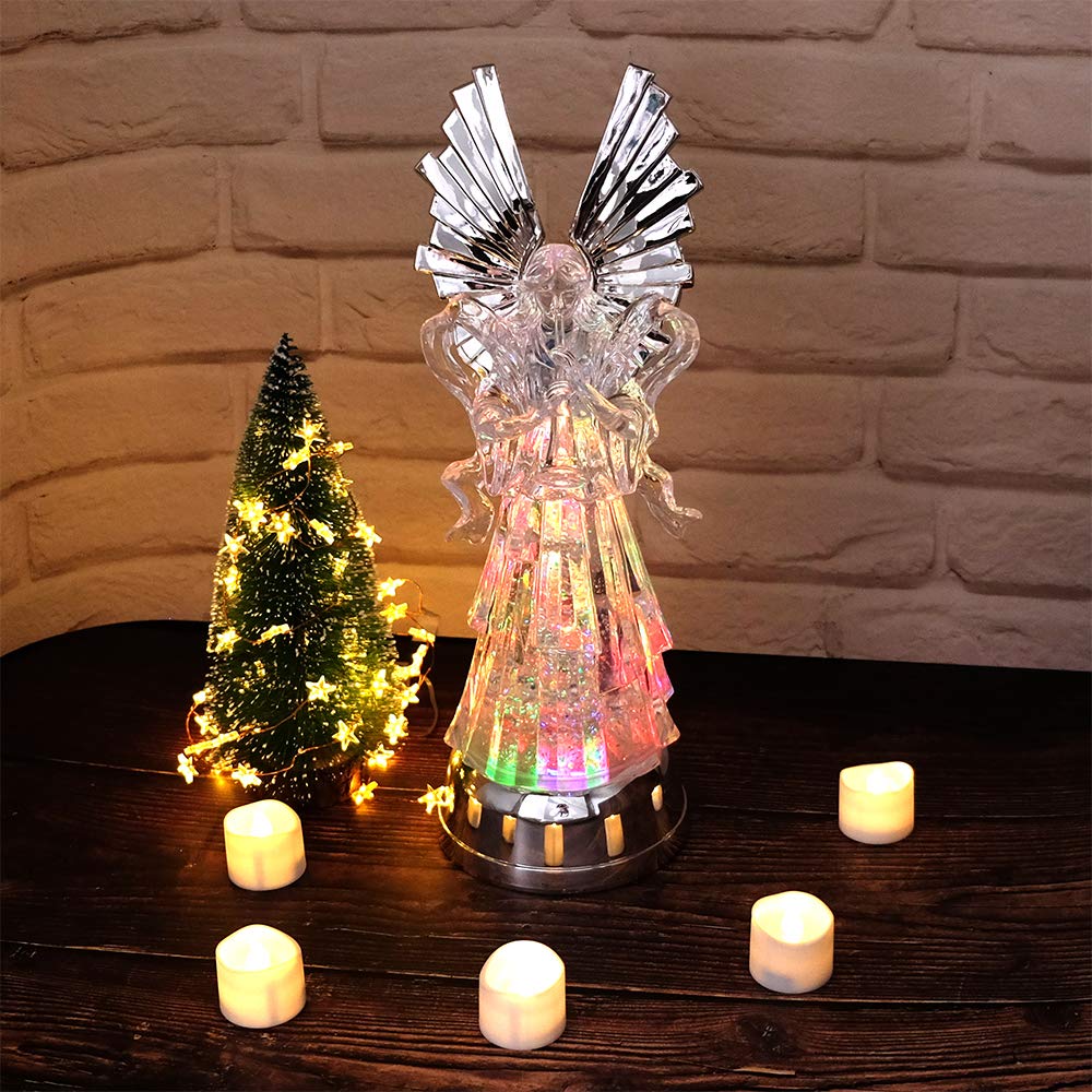 DRomance 14" Angel Snow Globe Lantern Battery Operated with 6 Hour Timer Color Changing LED Light Trumpet Angel Swirling Glitter Water Lamp