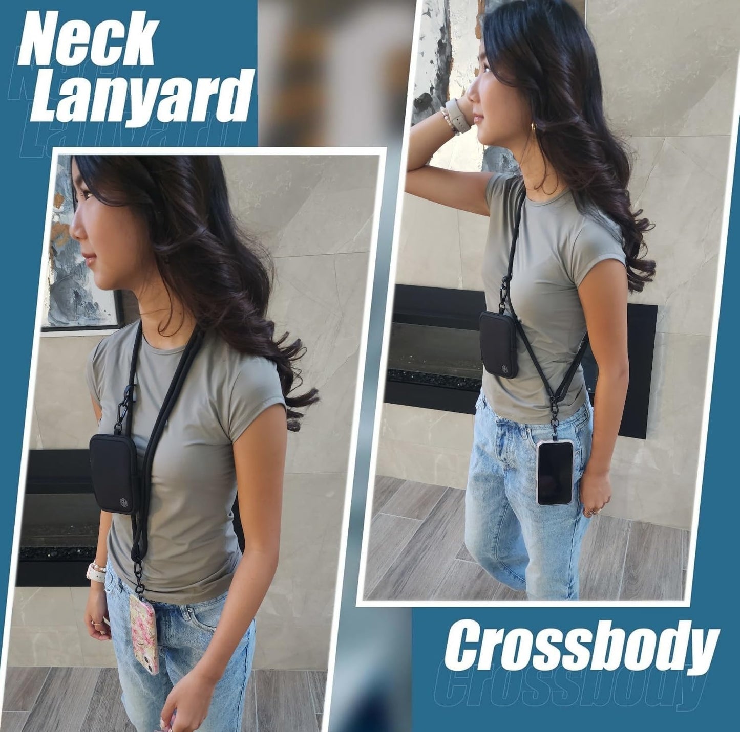 AH Phone Lanyard Crossbody with 2 Phone Tabs, Adjustable Anti Theft Phone Strap for All Phones, Metal Buckles, Skin-Friendly, Universal Cell Phone