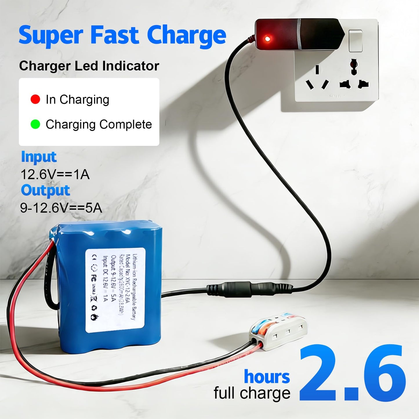 12V 2600mAh Rechargeable Li-ion Battery with Charger, Bare Leads Wire Battery Pack Perfect for DIY Project, Speakers, RC Car, Robot Toys, LED Light