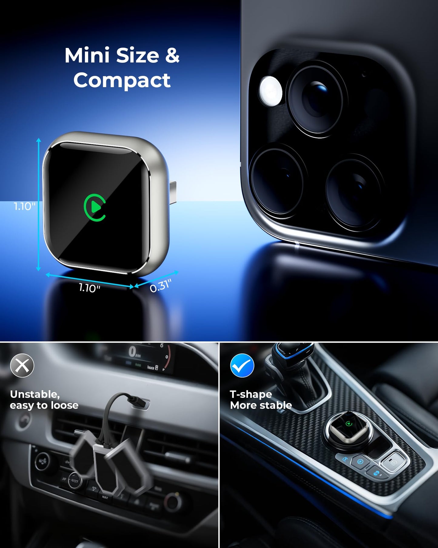 Wireless CarPlay Adapter for Apple iPhone - Upgrade Wired CarPlay to Wireless Device, Mini T-Shaped for Car USB Plug and Play Auto Reconnect, for GPS