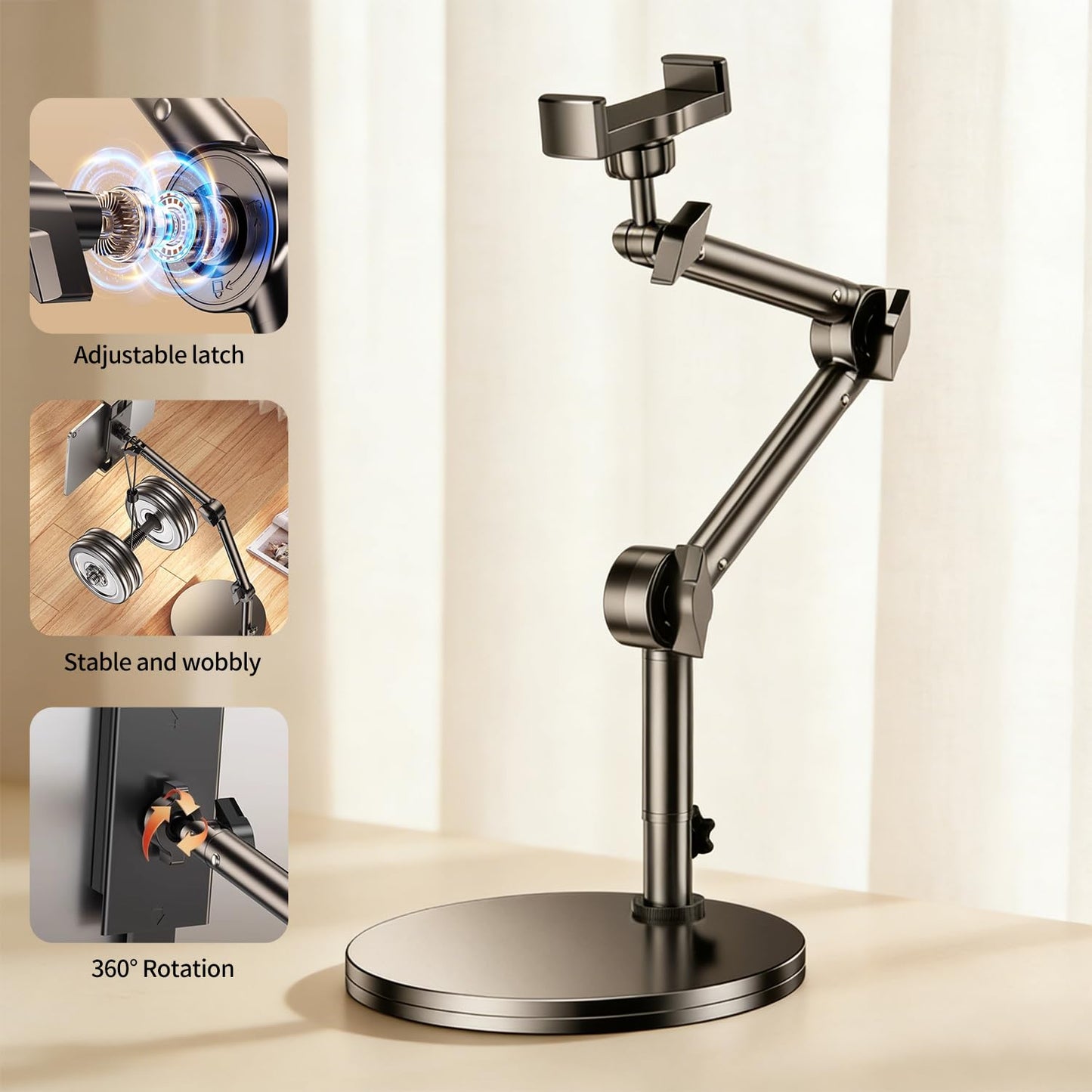 GOAKICHGO Heavy Duty Aluminum Overhead Phone Mount for Video Recording, Adjustable iPhone Tripod for Overhead Shots, Desk Phone Camera Stand