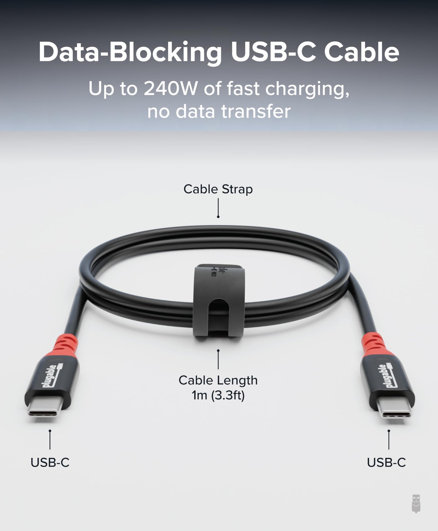 Plugable USB C to USB C Cable, Data Blocker Charge Only Cable (1m/3.3ft): 240W Safe Fast Charging for MacBook, iPhone 15/16, Galaxy S24, Steam Deck