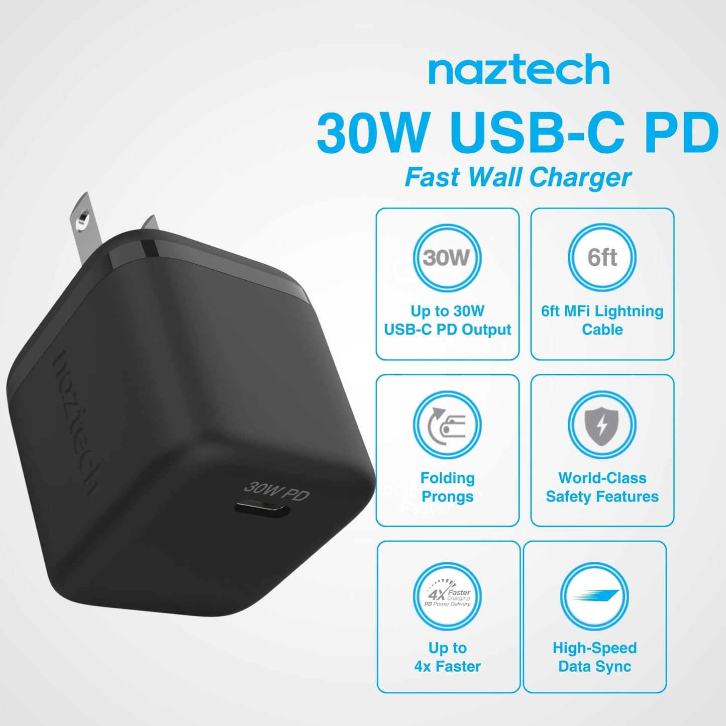 Naztech USB-C PD Wall Charger with 6ft Charging Cable - 30W Portable Power Delivery Fast Adapter, Compatible for International Travel, iPhone