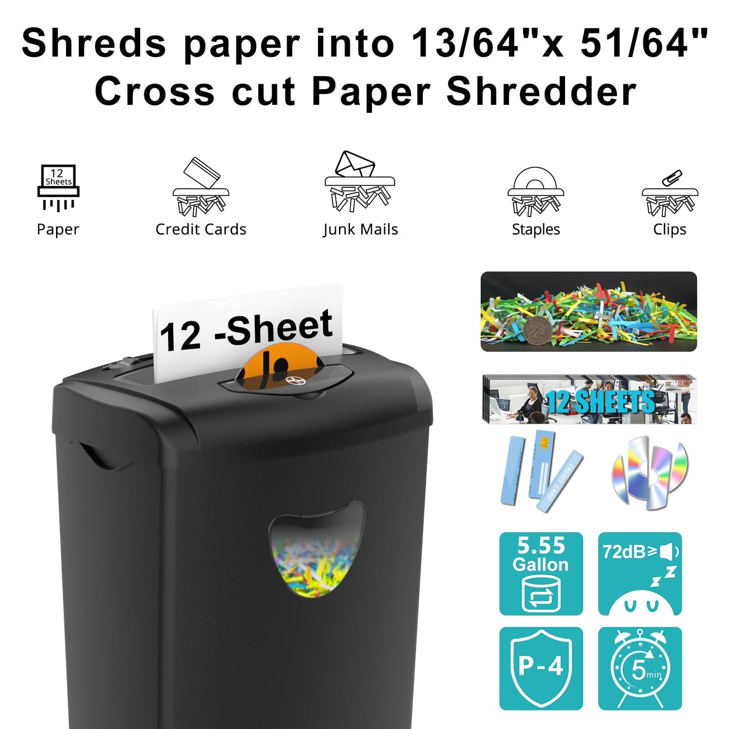 Woolsche 12-Sheet Cross Cut Paper Shredder with Large 5.55-Gallon Basket - P-4 Security, 3-Mode Shred for Cards/CDs/Staples/Clips - Jam Proof System