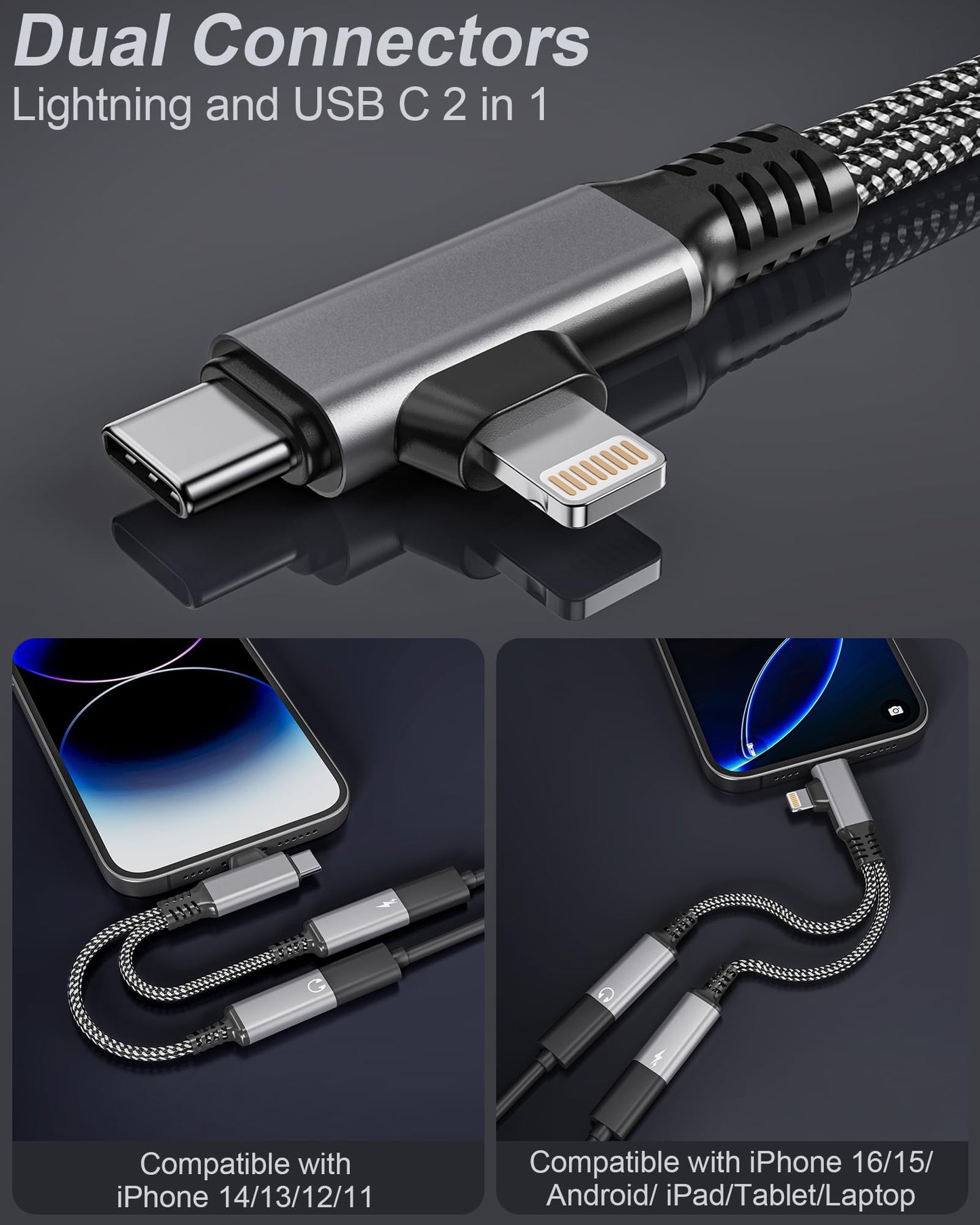 USBC Splitter 1 in 2 Out USB C Headphone and Charger Adapter - Type C & Lightning Male to Dual USB C Female Audio Dongle Cable, PD 60W Fast Charging +