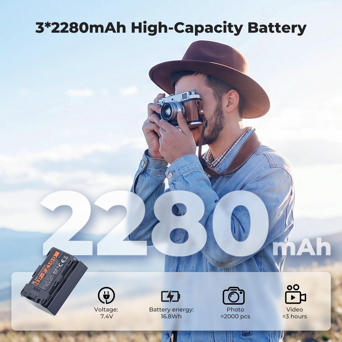 K&F CONCEPT 3-Pack NP-FZ100 Battery and Upgraded LCD Battery Charger Compatible with Sony A7iii, A7iv, A7C, FX3, FX30, A9, A6600, A6700, ZV-E1