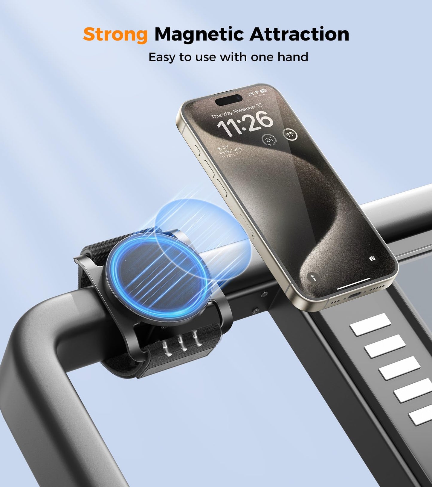 enGMOLPHY MagSafe-Compatible Phone Stand- Adjustable & Replaceable Band for Gym, Stroller, Spin Bike, Magnetic Gym Mount for iPhone12-17