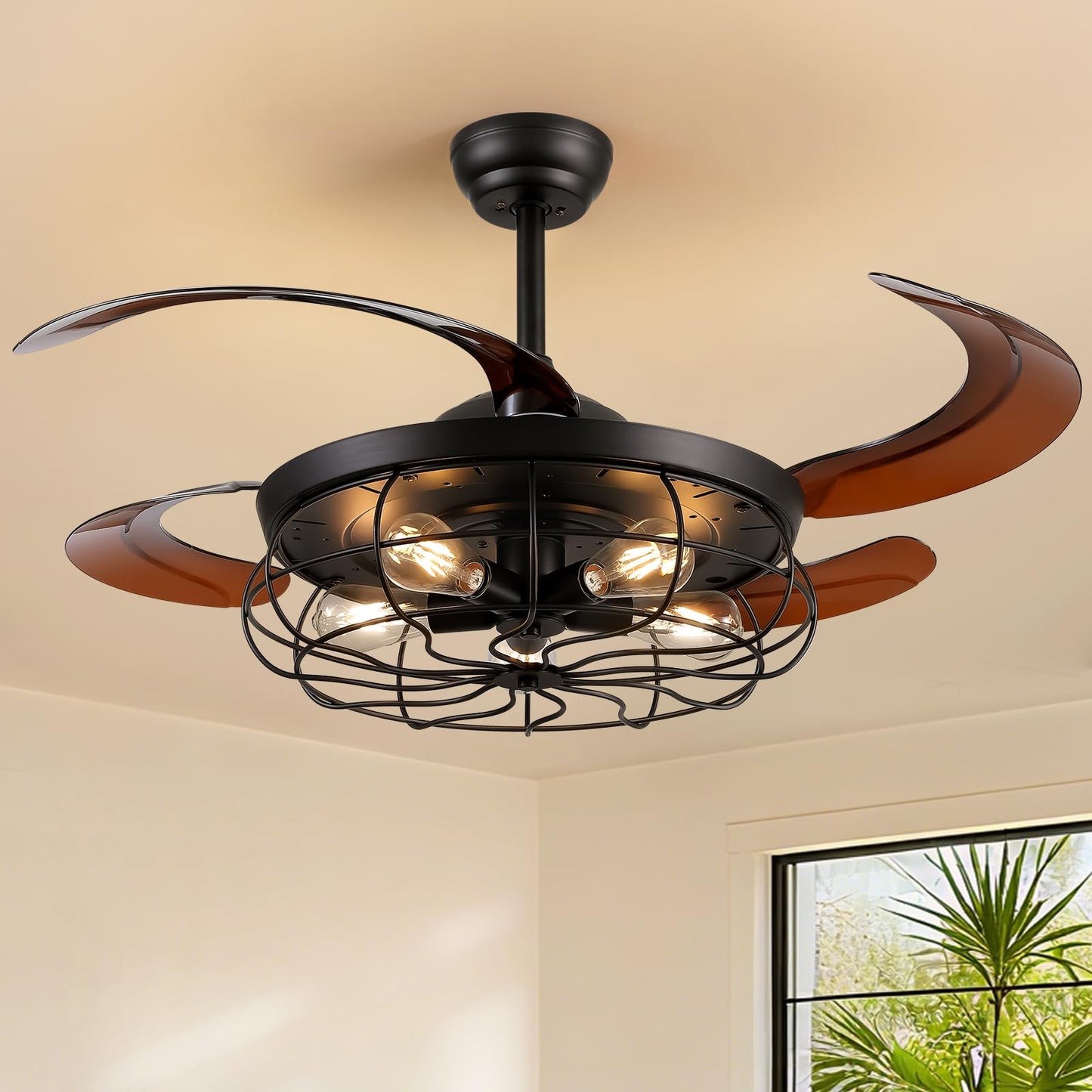 MOOONICHE 48" Industrial Caged Ceiling Fan with Light and Remote, Vintage Retractable Blades Ceiling Fan with Lights, Farmhouse Black Fandelier