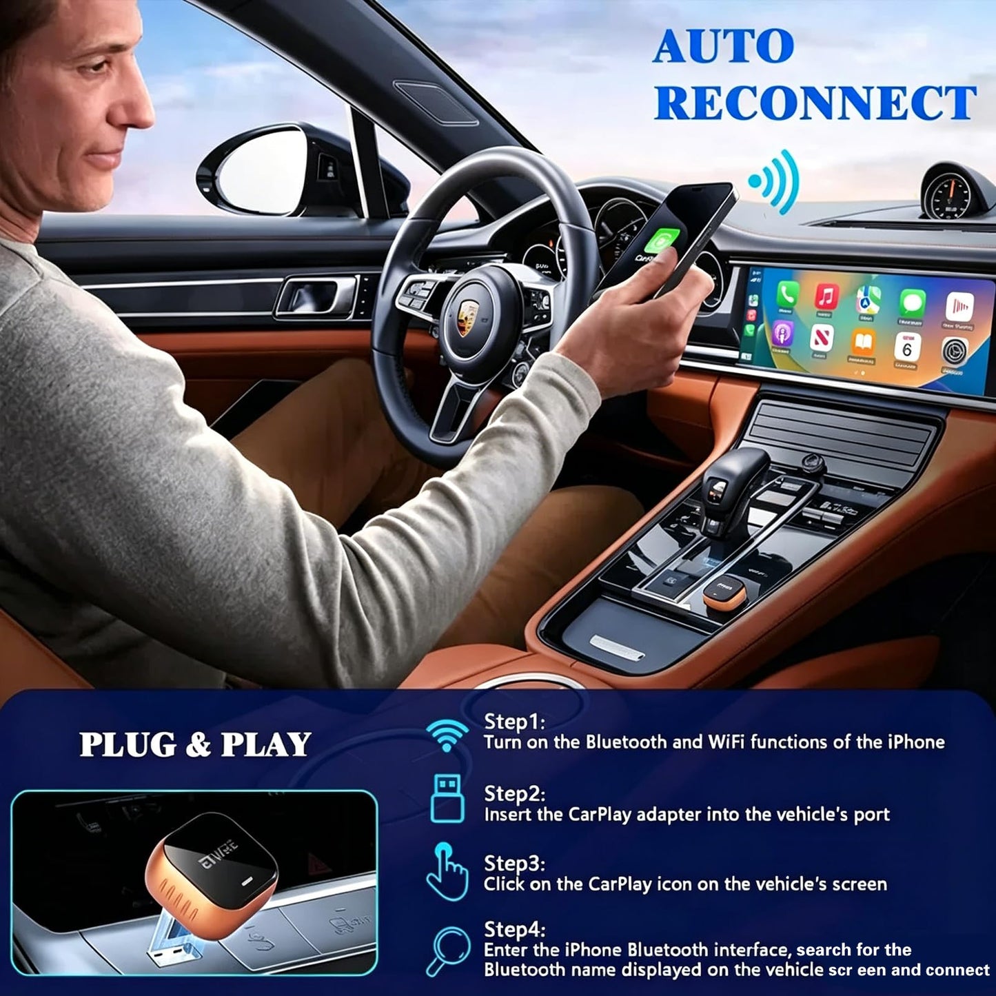 Etwre Wireless CarPlay Adapter 2026 for iPhone iOS 10+ - 98% Compatible with Factory Wired CarPlay 2016+, 2.4G/5G Dual Band, No App Required, Plug