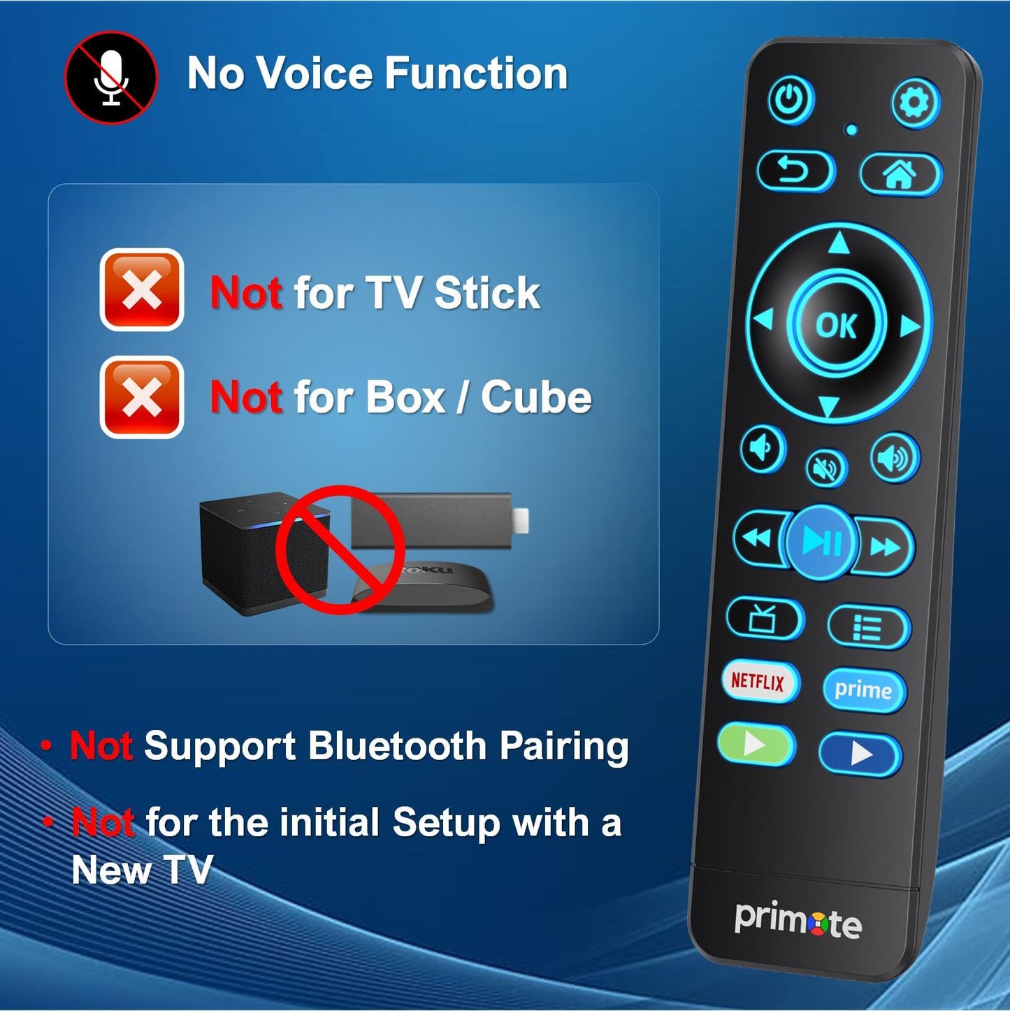 Primote Backlit Remote Replacement for All Roku-Smart-TV, for Toshiba/Insignia/Pioneer -Smart-TV - (No Voice Search) [NOT for Stick/Player]