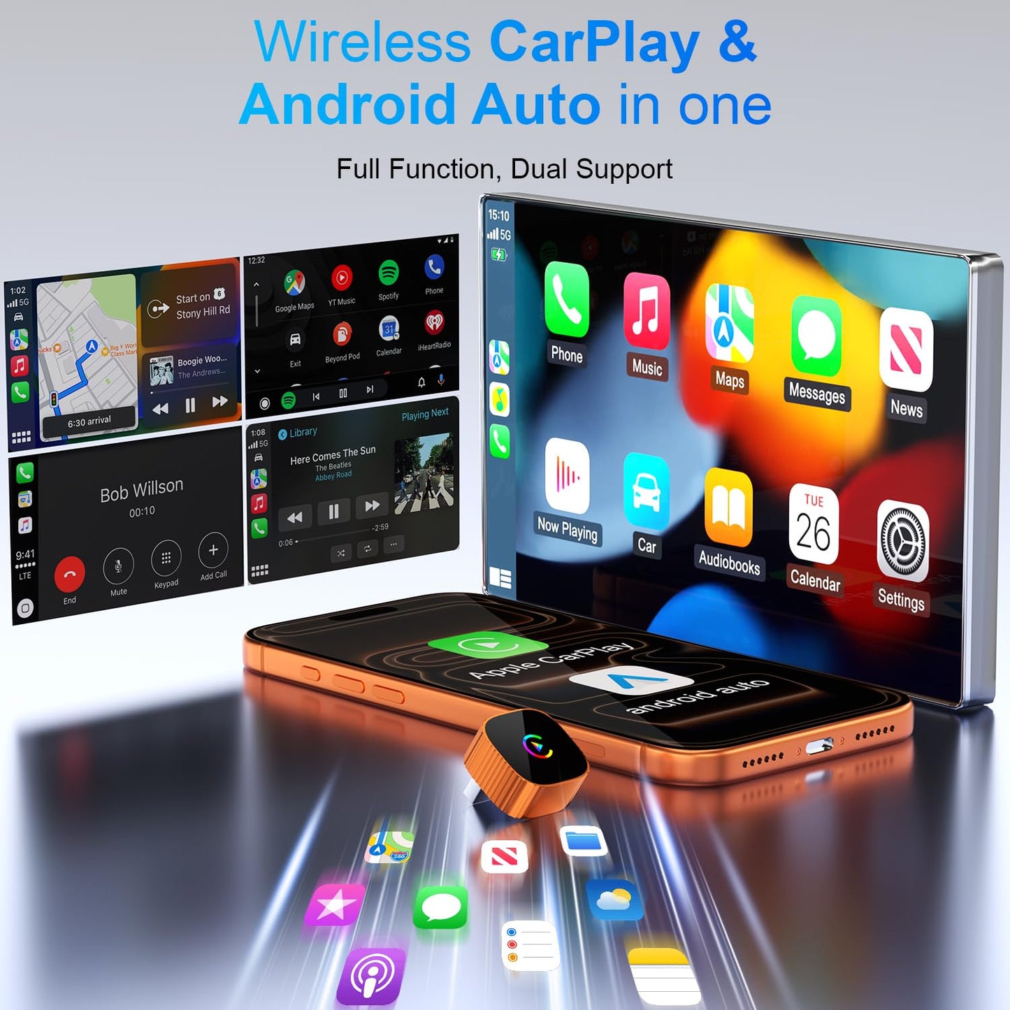 2-in-1 Wireless CarPlay for iPhone & Android Auto, Converts Wired to Wireless CarPlay, 2026 Upgrade, Faster & Stable Connection, Plug & Play, 1080P HD
