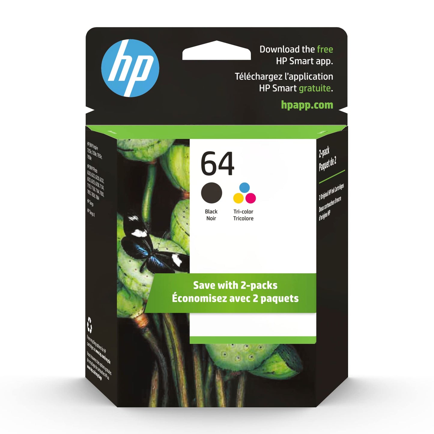 HP 64 Black & Tri-Color Ink Cartridges Printers (Combo Pack) | Works with Printer Series: Inspire 7950e; Envy Photo 6200, 7100, 7800; Tango | Eligible