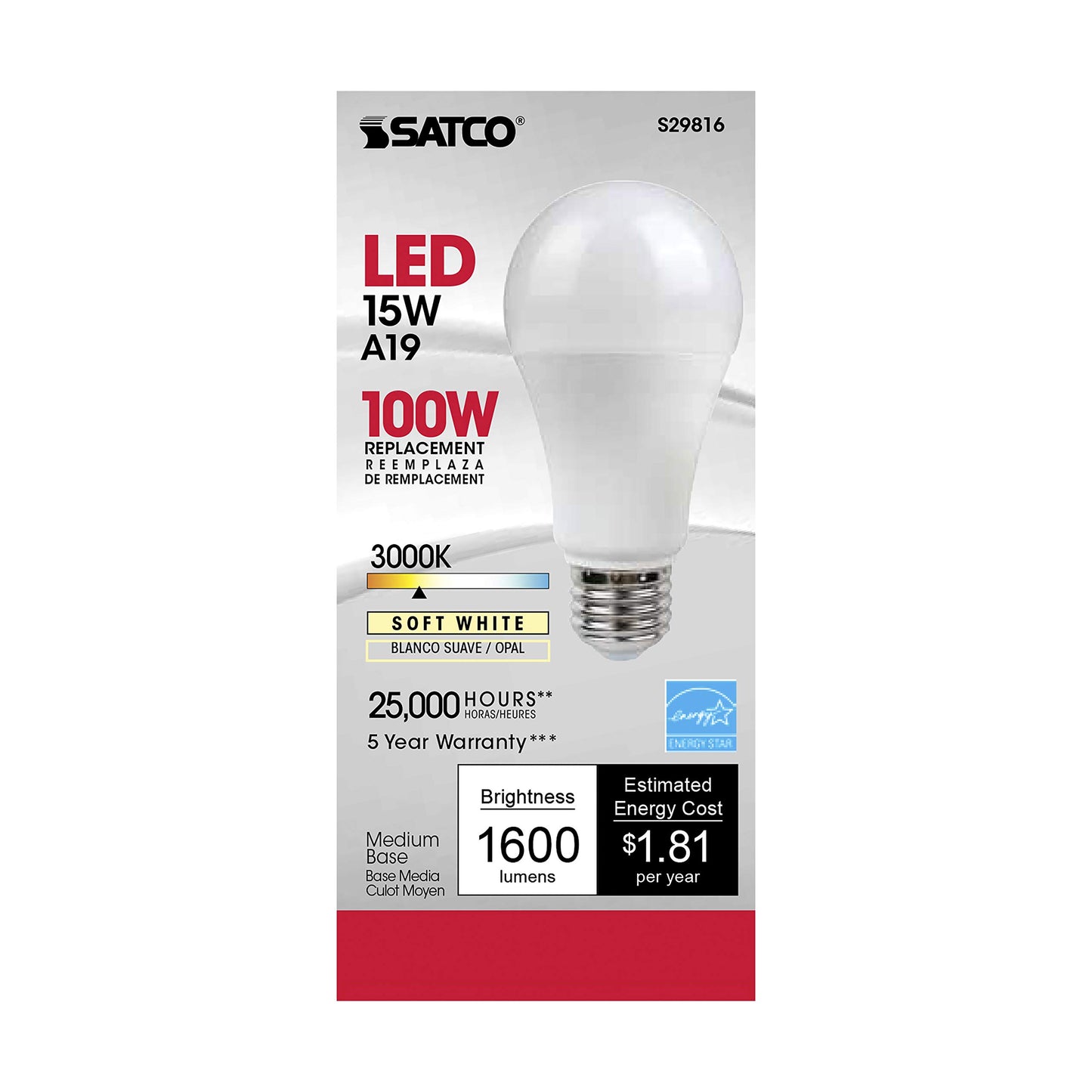 SATCO Products, Inc Satco S29816 Medium Light Bulb Finish, 4.63 inches, Frosted White